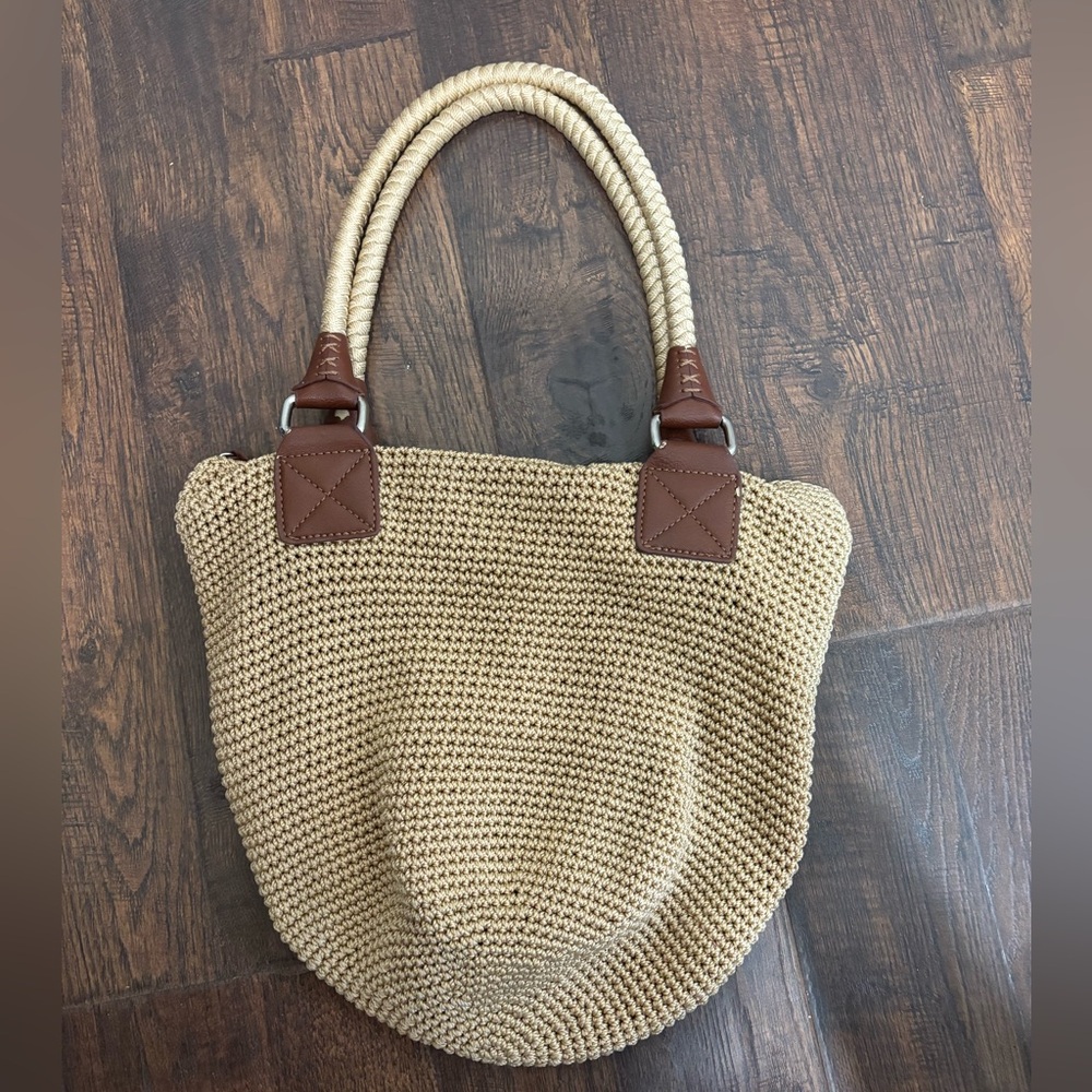 The Sak Beige Woven Tote with Brown Trim